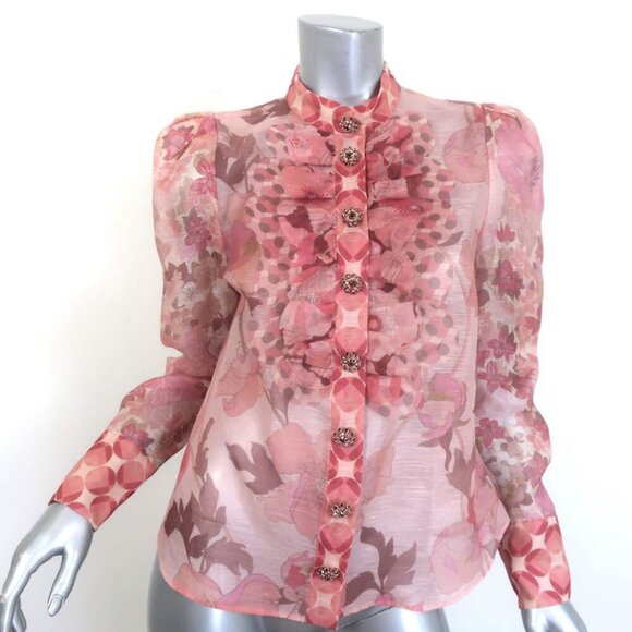 Zimmermann Concert Scalloped Shirt Pink Floral Print Organza Size 1 NEW - Picture 1 of 8